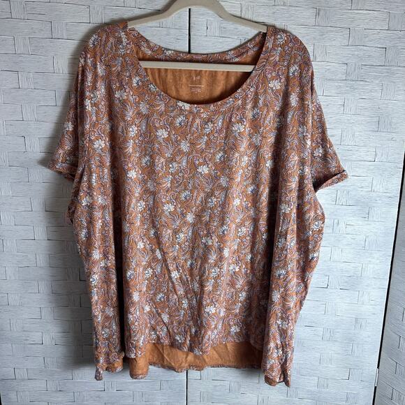 J Jill every day TShirt burnt orange floral cuff sleeve round collar plus size ￼ - Picture 1 of 7